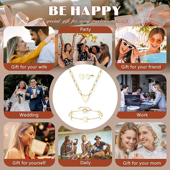 ORAZIO Jewelry Set for Women,Hypoallergenic 14K Gold Plated Pink/Black/Blue/White Heart Jewelry Set Trendy Heart Pendant Necklace Heart Charm Bracelet Cute Heart Earring Studs Dainty Women's Jewelry Sets Gift