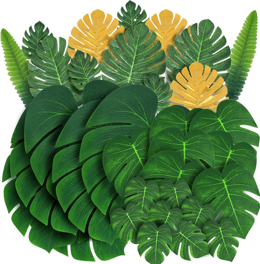 RECUTMS Artificial Tropical Palm Leaves 72Pcs 7 Kinds Green Gold Fake Monstera Leaf with Stem for Safari Jungle Hawaiian Luau Beach Baby Shower Wedding Birthday Party Table Summer Spring Decoration-VerdiqueGarden