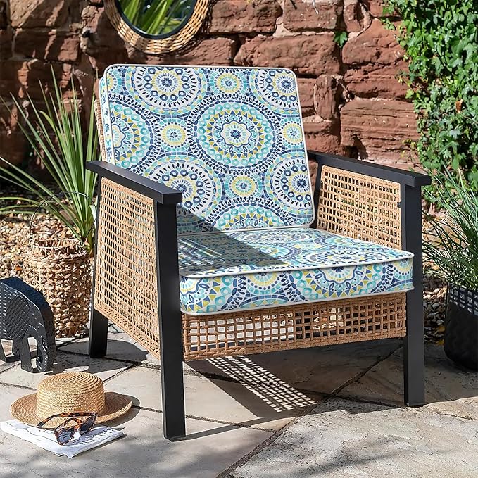 LVTXIII Patio Chair Cushions 22"x22"x3", Water-Repellent Outdoor Seat Cushions for Patio Furniture, Square Chair Pads with Ties for Home Garden Decoration, Set of 2, Delancey Lagoon-VerdiqueGarden