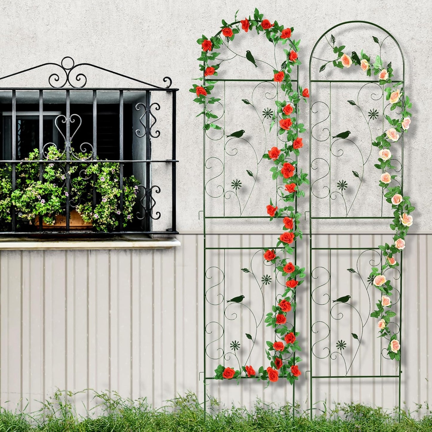 Metal Garden Trellis for Climbing Plants, 86.5" x 19.7" metal plant trellis outdoor, Black Iron Garden Trellis, Clematis Rrellis Outdoor, Arched Outdoor Decoration suitable for courtyards, lawns, gard-VerdiqueGarden
