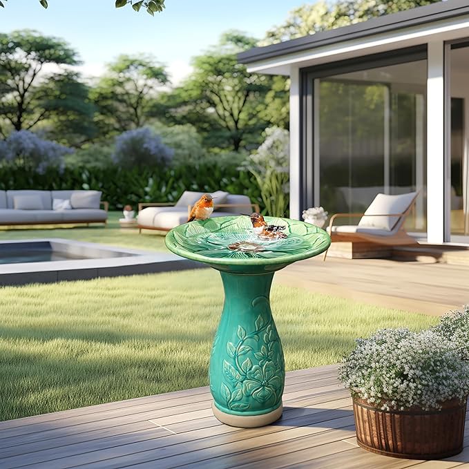 LuxenHome 23 Inch Ceramic Bird Bath for Outside, Elegant Tall Outdoor Bird Bath, Lightweight Pedestal Glazed Birdbaths for Outdoors with Floral Embossed Design, Jade Green-VerdiqueGarden