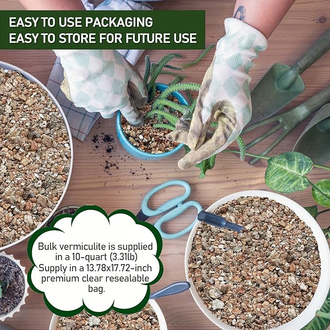 10QT Horticultural Vermiculite Bulk, Organic Vermiculite for Plants, Course Grade Vermiculite for Gardening, for houseplants, for Mushrooms, to Maintain Soil Moisture and Plant Growth(5-8mm)-VerdiqueGarden