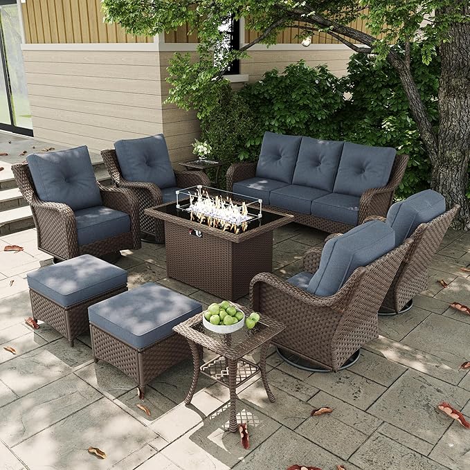 10 Pieces Outdoor Patio Furniture Sets with Rocking Swivel Chairs with 6-inch Thick Cushion and Fire Pit Table for Deck Lawn-VerdiqueGarden