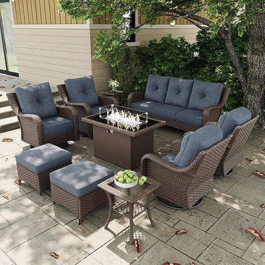 10 Pieces Outdoor Patio Furniture Sets with Rocking Swivel Chairs with 6-inch Thick Cushion and Fire Pit Table for Deck Lawn-VerdiqueGarden