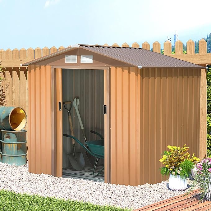 Outsunny 7' x 4' Outdoor Storage Shed, Garden Tool Metal Shed with Foundation Kit, Double Lockable Door, Air Vents and Sloping Roof, for Backyard, Patio, Lawn, Yellow-VerdiqueGarden