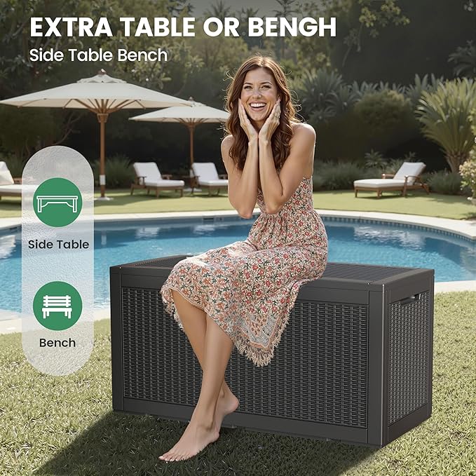 100 Gallon Storage Box, Waterproof Resin Deck Box with Hydraulic Piston Design, Lockable Storage Bench for Package Delivery, Storage Bin for Patio Cushions, Garden Tools, Black-VerdiqueGarden