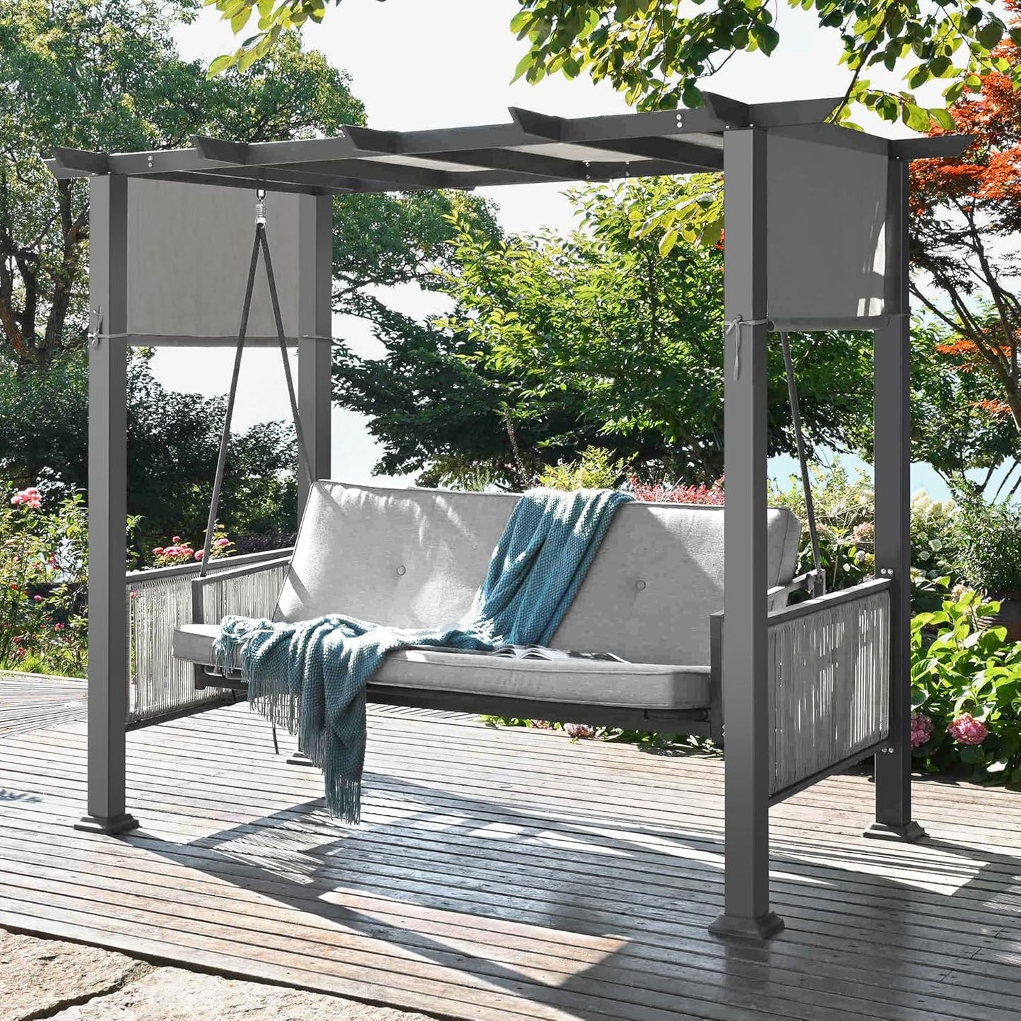Pamapic 2-in-1 Convertible Porch Swing Bed, 3-Seat Elegant Patio Swing with Wicker Armrests, Outdoor Chair with Adjustable Canopy for Balcony, Garden, and Poolside, Gray-VerdiqueGarden