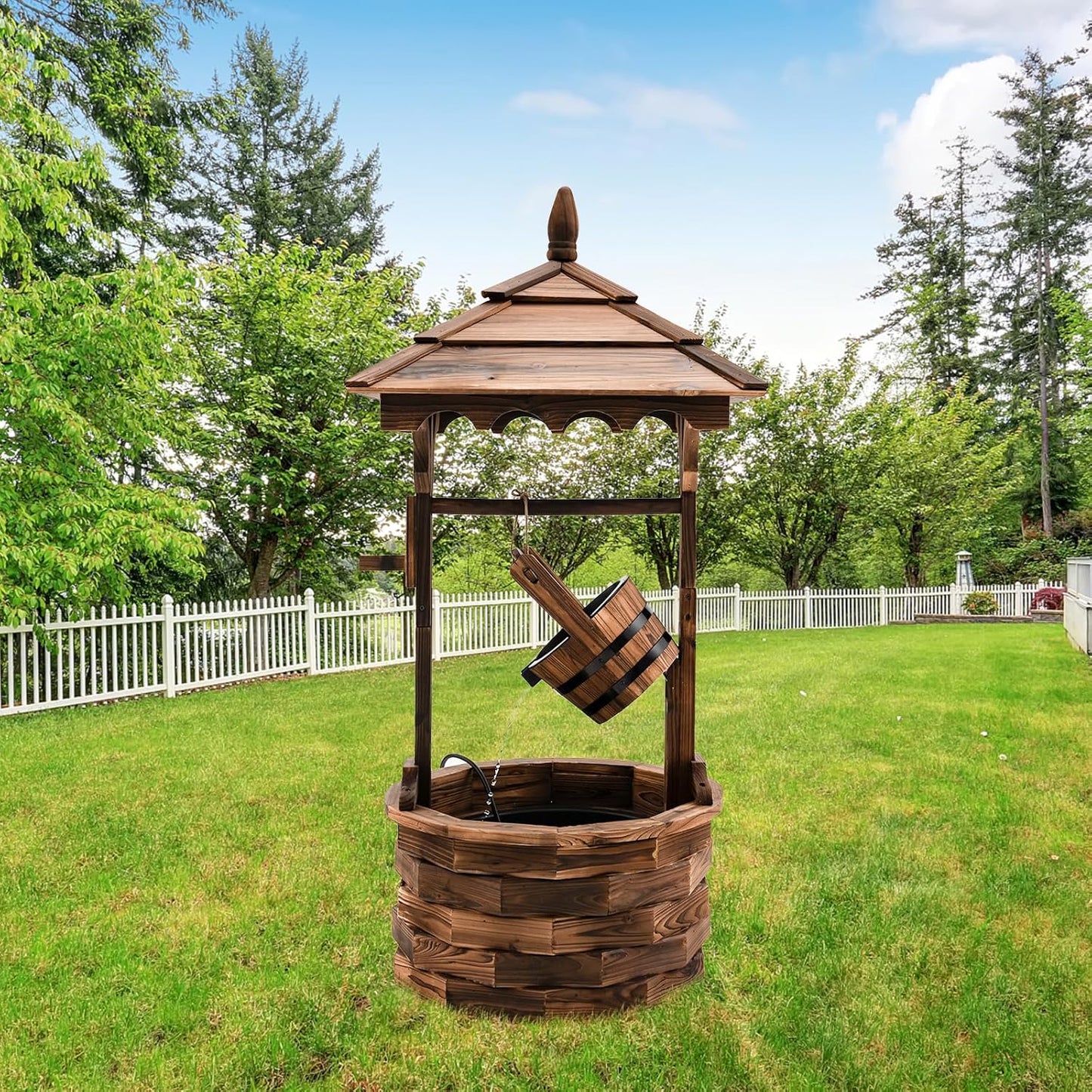 Tangkula Outdoor Wishing Well Water Fountain, Old-Fashioned Wood Waterfall Fountain w/Bucket Pump, Rustic Farmhouse Decoration for Garden, Backyard, 46 Inch Tall (22.5" x 22.5" x 48.5")-VerdiqueGarden