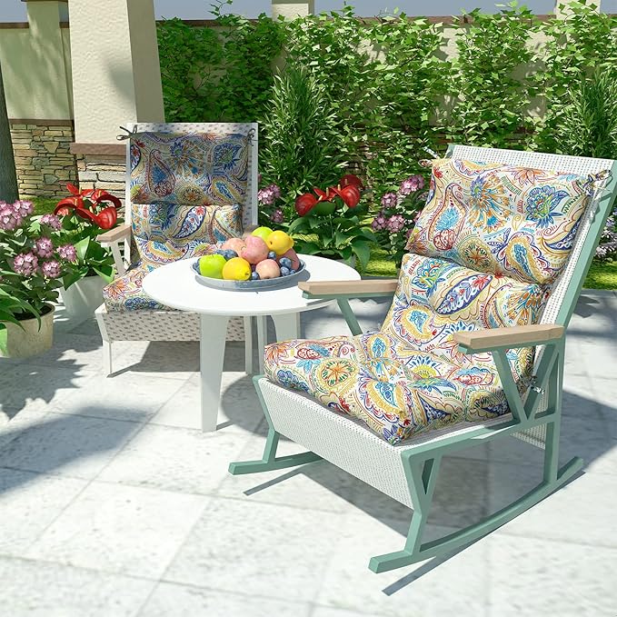 LVTXIII 2 Pack Outdoor/Indoor High Back Chair Cushions, Deep Seat Patio Seat and Back Cushion Set, Stuffed High Rebound Foam Rocking Chair Cushions, 44”x22”x4”, Paisley Chili-VerdiqueGarden
