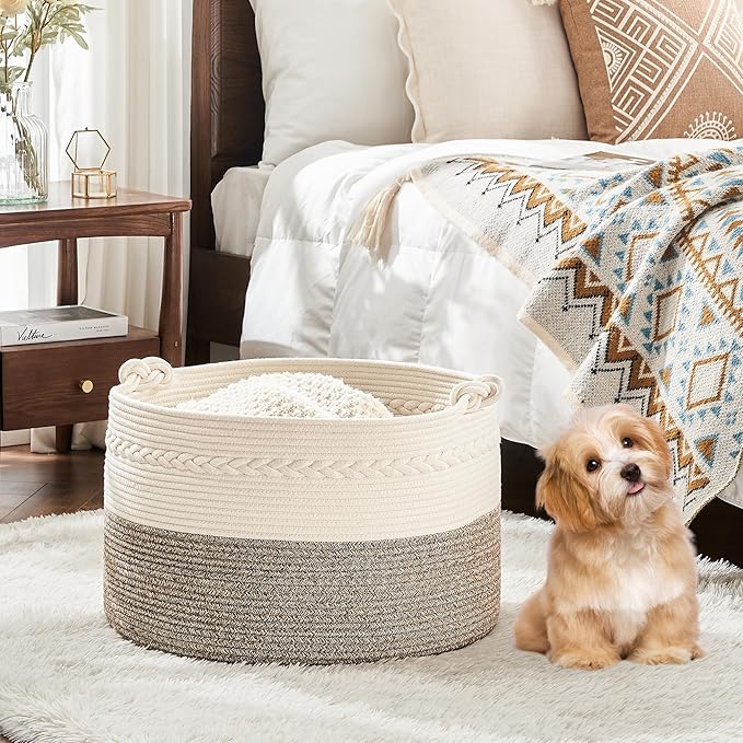 KAKAMAY Large Blanket Basket (20"x13"),Woven Baskets for storage Baby Laundry Hamper, Cotton Rope Blanket Basket for Living Room, Laundry, Nursery, Pillows, Baby Toy chest (White/Beige)-VerdiqueGarden