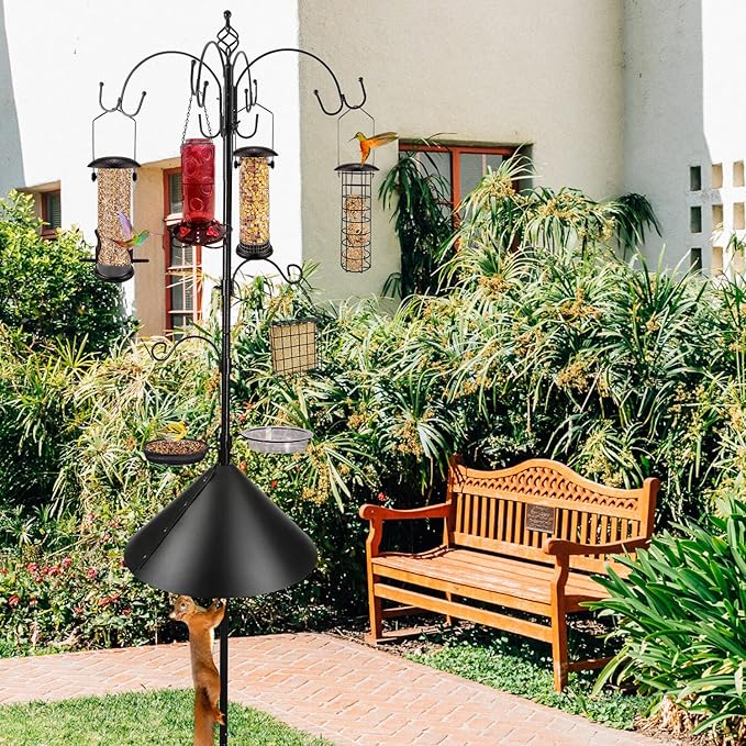 Bird Feeding Station Kit with Squirrel Baffle Bird Feeder Pole with Suet Cage Mesh Tray Fruit Hook Double W Hook for Attracting Wild Birds and Hanging Planter Hanger Lights-VerdiqueGarden
