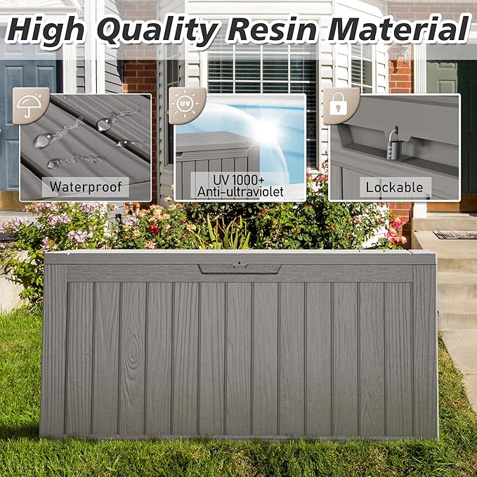 KAMABOKO Deck Box, 75 Gallon Resin Indoor and Outdoor Storage Boxes Waterproof for Garden Tools, Pool Accessories Storage Bench, Patio Furniture and Cushions with Lockable Lid, Grey-VerdiqueGarden