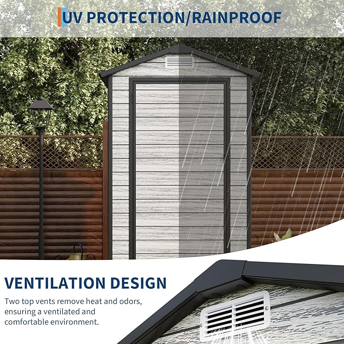 All-Weather Plastic Shed with Window, Outdoor Resin Garden Shed with Lockable Door and Vents, Outdoor Resin Storage Sheds for Backyard, Patio, Lawn, Tool, Bike-VerdiqueGarden