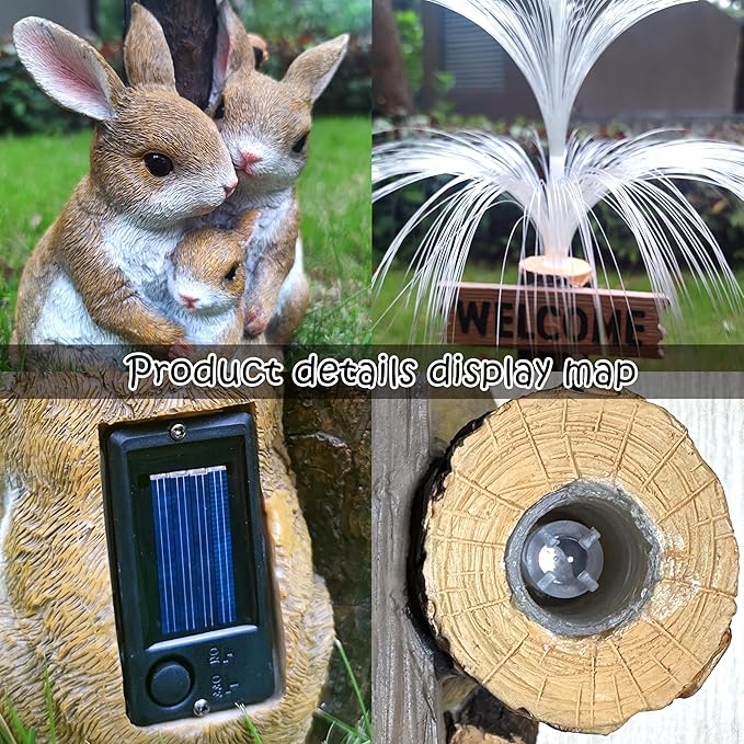 Solar Rabbit Garden Statues,Resin Rabbit Family Figurine with Welcome Card and 7-Color Changing Optical Fiber with Solar Lights, Lawn Decor Outdoor Statue for Patio,Balcony,Yard,Lawn-VerdiqueGarden