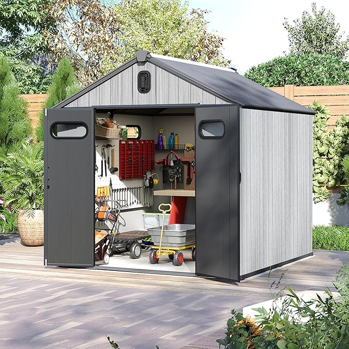 Domi 8x8FT Outdoor Resin Storage Shed with Transparent Windows & Louvered Vents, Plastic Tool Shed with Double Lockable Doors & Gable Roof, Outside Garden Shed for Backyard, Patio, Lawn, Grey-VerdiqueGarden