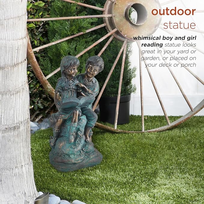 Alpine Corporation 15" Tall Indoor/Outdoor Girl and Boy Reading Together Statue Yard Art Decoration-VerdiqueGarden