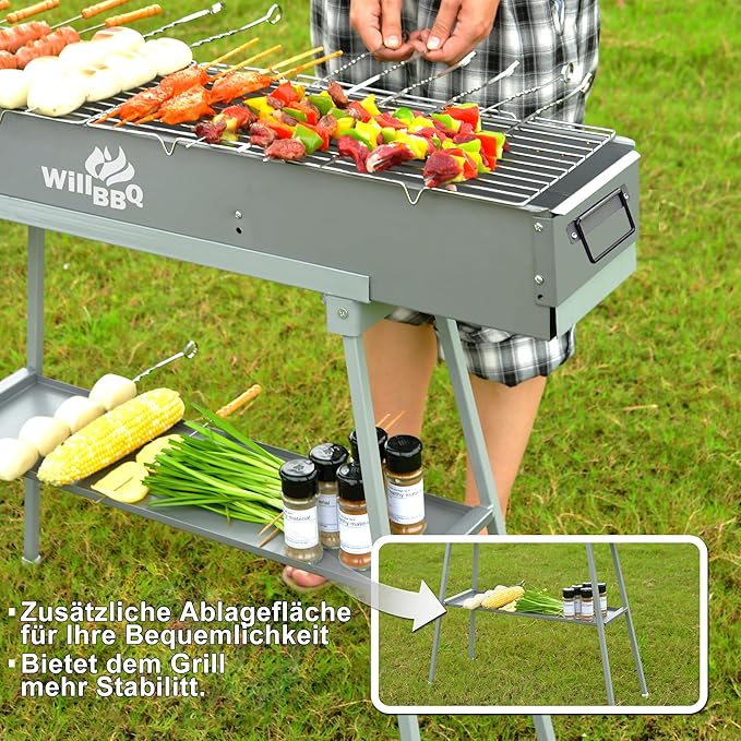 Charcoal Grills Commercial Quality Portable Multiple Size Hibachi BBQ Lamb Skewer Folded Camping Barbecue Grill for Garden Backyard Party Picnic Travel Outdoor Cooking Use(39.4x7.1x5.1 inch)-VerdiqueGarden