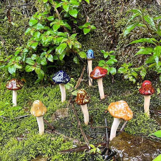 Ceramic Mushrooms Garden Decor Fairy Yard Patio Indoor and Outdoor Micro Landscape Decorations, 8 Pieces Simulated Mushroom Ornaments Statue Stake Mushroom Garden Decor Figurines Decoration Yard Gifts-VerdiqueGarden