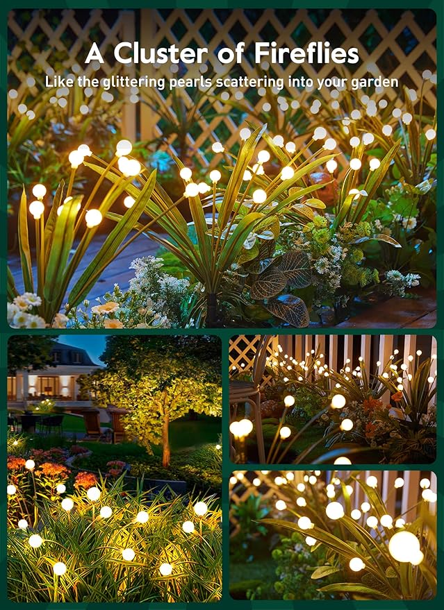4 Pack 48 LED Solar Firefly Lights with Leaves, Solar Garden Lights Outdoor Decoration with 2 Lighting Modes, Waterproof Solar Outdoor Lights Decorative, Solar Lights for Outside Pathway, Warm White-VerdiqueGarden