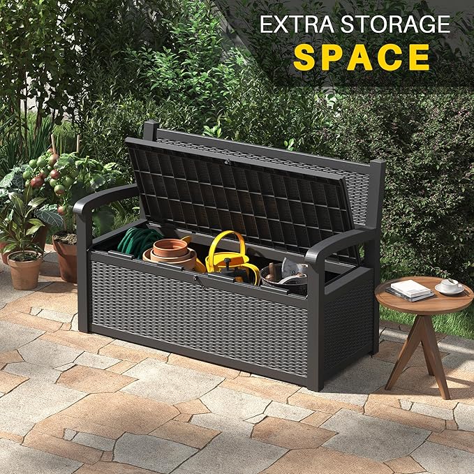 80 Gallon Outdoor Storage Box, Resin Patio Furniture with Armrest, Lockable Deck Box with Waterproof and UV Resistant for Patio Cushions, Garden Tools and Pool Supplies, Black-VerdiqueGarden