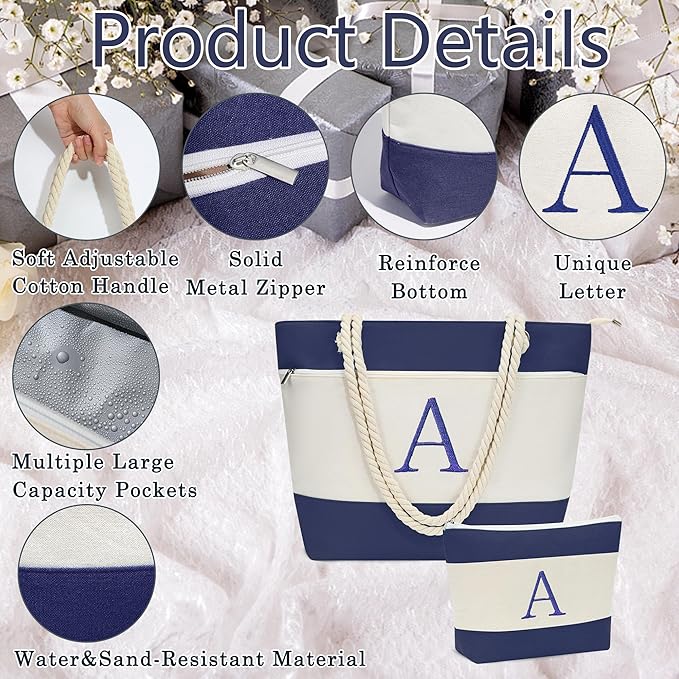 YOOLIFE Beach Bags for Women - Initial Tote Waterproof Bag with Makeup Bag, Mothers Day Gifts for Women Mom Friend Birthday-VerdiqueGarden