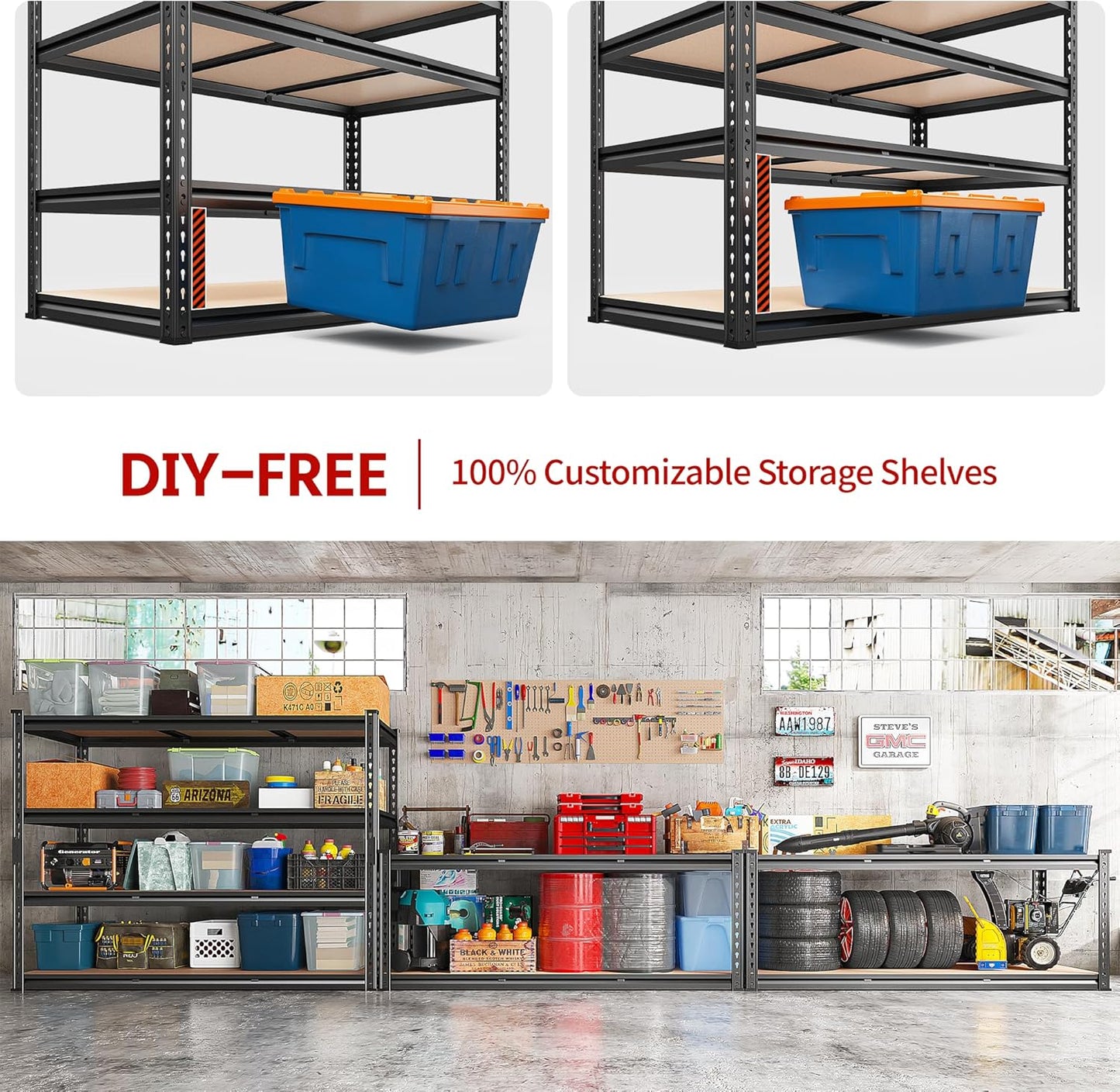 REIBII 48.2" W Garage Shelving, Storage Shelves Load 2600LBS, 4-Tier Adjustable Heavy Duty Metal Shelves for Warehouse, Pantry, Kitchen, 60.1" H X 48.2" W X 24" D, Black-VerdiqueGarden