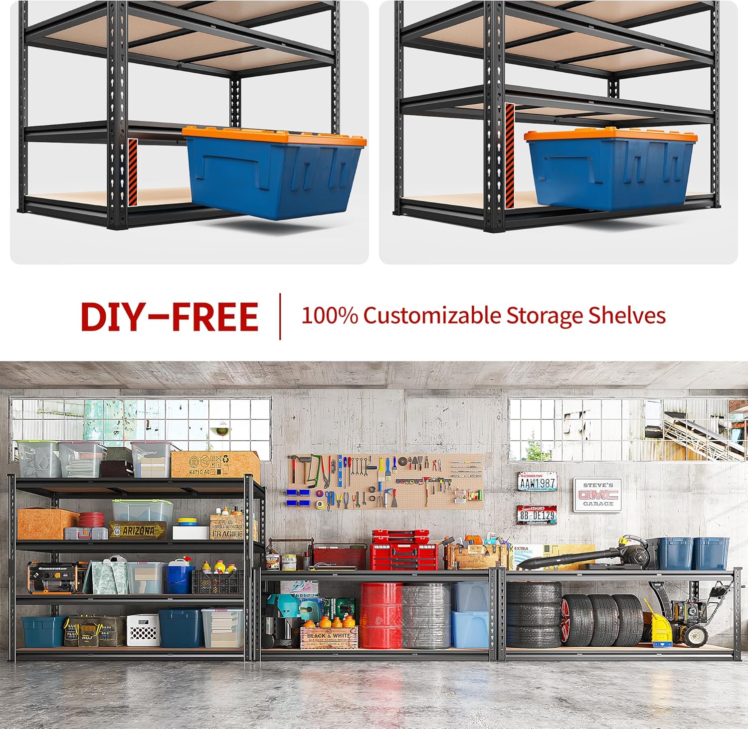 REIBII 48.2" W Garage Shelving, Storage Shelves Load 2600LBS, 4-Tier Adjustable Heavy Duty Metal Shelves for Warehouse, Pantry, Kitchen, 60.1" H X 48.2" W X 24" D, Black-VerdiqueGarden