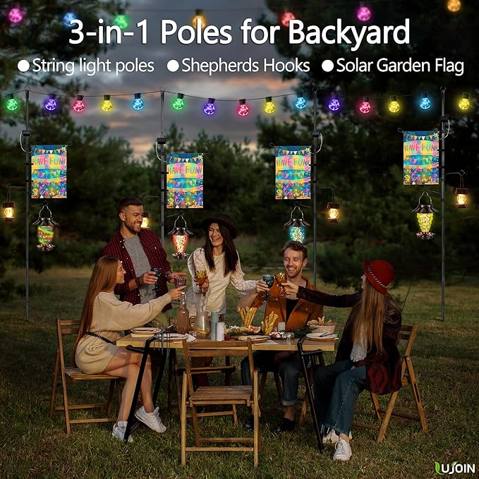 3-in-1 String Light Pole for Outside (2 Pack), Each Pack Includes 2 Hooks, 1 Solar LED Light Board & 1 Party Flag, Heavy Duty Stand for Deck, Patio, Backyard, Wedding-VerdiqueGarden