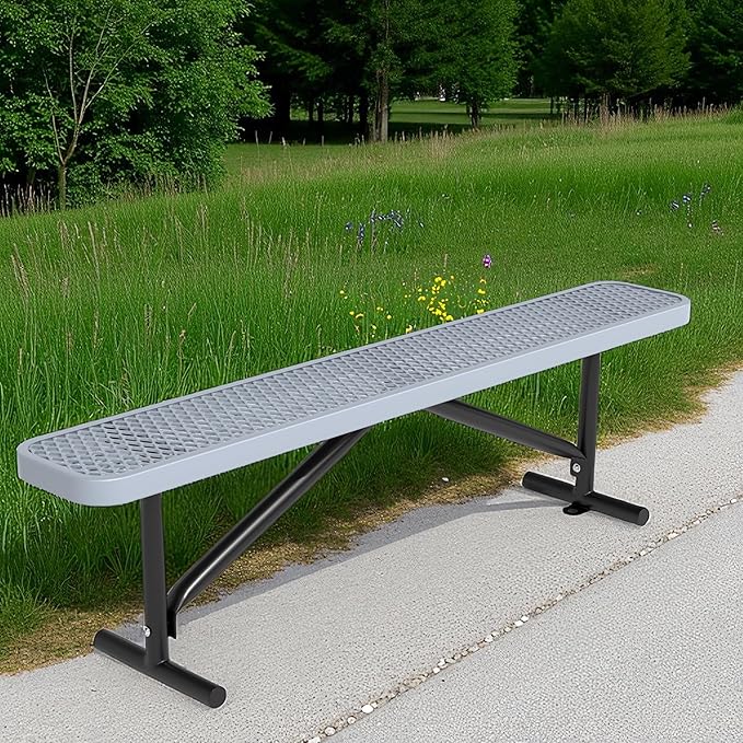 48" L Outdoor Steel Flat Bench, Heavy Duty Metal Park Bench for Outside, Expanded Metal, Commercial Benches Mesh Bench for Shopping Mall, Store, Lawn, Park, Patio, Deck, Garden (Grey, 6FT)-VerdiqueGarden