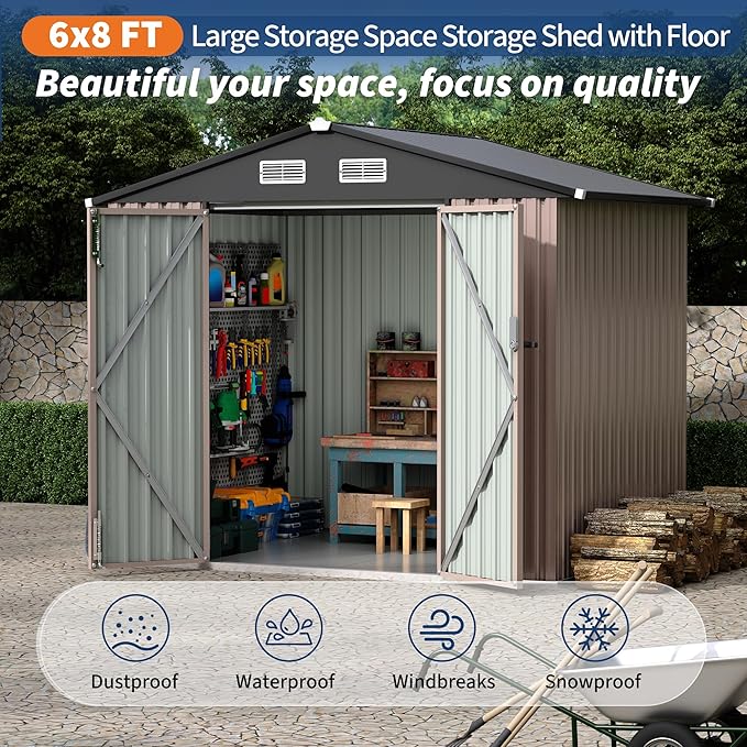6x8 FT Metal Storage Sheds Outdoor with Floor, Metal Yard Sheds Garden Shed Kit, MetalTool Shed with Lockable Door, Metals UtilitySheds Buildings with Air Vent for Backyard Garden Patio Lawn-VerdiqueGarden