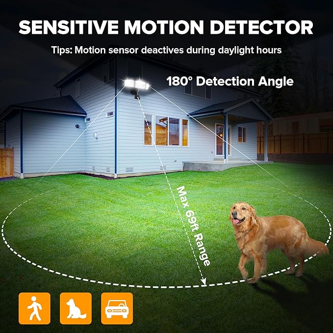 UME 49W LED Security Lights Motion Sensor Light Outdoor, 5000K Daylight, IP65 Waterproof, Dusk to Dawn, 3 Head Motion Detected Flood Light for Garage, Yard, Porch (Black)-VerdiqueGarden