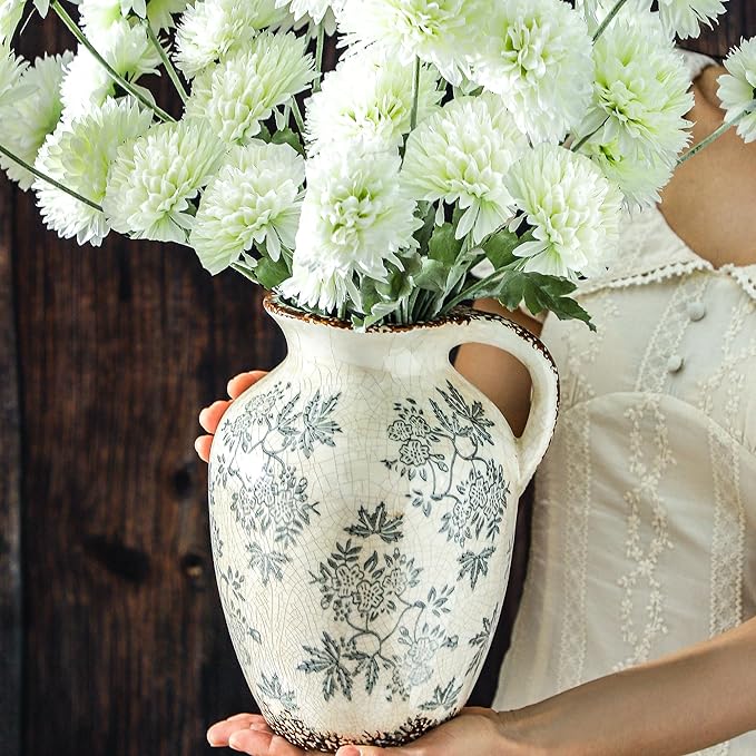 Enra Vintage vase with Handle,Blue and White Ceramic Decorative Flower vase, Chinoiserie Floral Vase,Large Rustic Vases for Home Decors, Living Room, Bookshelf, Office，9.7 inch-VerdiqueGarden