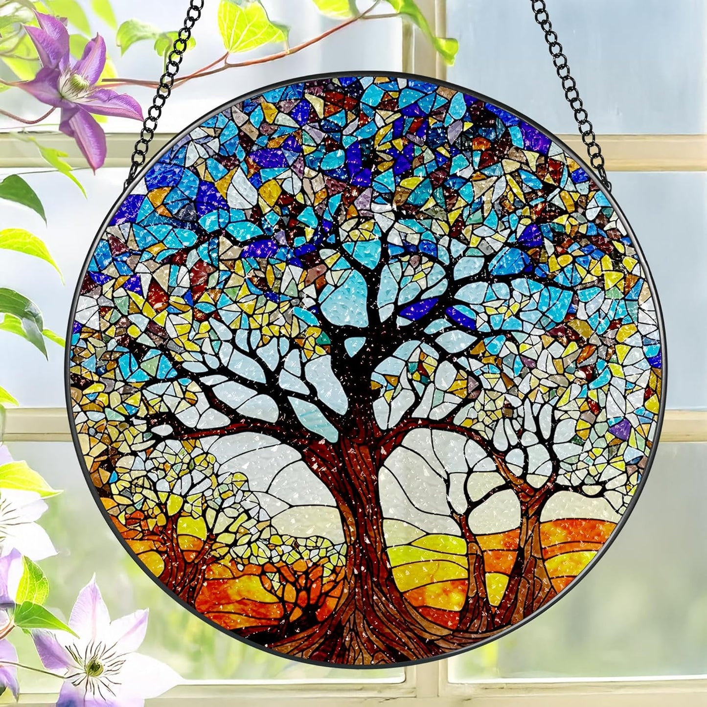 Stained Glass Window Hanging, LAOWEIKI 8'' Tree of Life Suncatcher, Stained Glass Ornament, Suncatchers for Windows Hanging, Window Decor, Outdoor or Indoor, Gifts for Women, Lovers, Couple, Friends-VerdiqueGarden