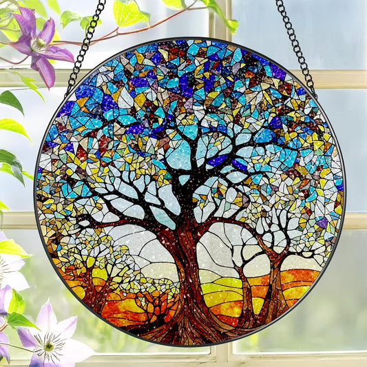 Stained Glass Window Hanging, LAOWEIKI 8'' Tree of Life Suncatcher, Stained Glass Ornament, Suncatchers for Windows Hanging, Window Decor, Outdoor or Indoor, Gifts for Women, Lovers, Couple, Friends-VerdiqueGarden