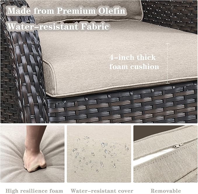 5 Piece Outdoor Patio Furniture Set - Outdoor Conversation Couch and Loveseat Glider Chair Furniture Set with Rattan Coffee Table for Deck Balcony Poolside Brown Wicker/Beige Cushions-VerdiqueGarden