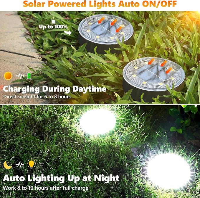 Joomer Solar Ground Lights, 8 Pack 8 LED Solar Lights Outdoor Waterproof IP68 Solar Disc Lights In-Ground Landscape Lighting Outdoor Lights for Patio Pathway Lawn Yard Driveway Walkway (White)-VerdiqueGarden