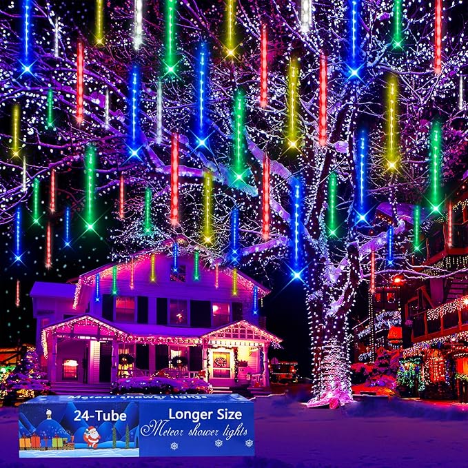 Aokudoni Christmas Lights 24 Tubes Meteor Shower Outdoor, Indoor Outside Decorations Icicle Snow Falling Rain for Tree Yard Party, UL Plug, Multi Color-VerdiqueGarden