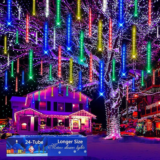 Aokudoni Christmas Lights 24 Tubes Meteor Shower Outdoor, Indoor Outside Decorations Icicle Snow Falling Rain for Tree Yard Party, UL Plug, Multi Color-VerdiqueGarden