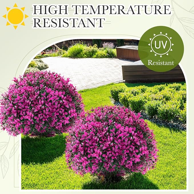Yunlly 2 Pack 18" Artificial Boxwood Ball Bush Topiary Trees Fake Outdoor Plants, Realistic UV Resistance Faux Shrubs with Spike Greenery Topiary for Front Porch Garden Yard Patio Indoor (Fuchsia)-VerdiqueGarden