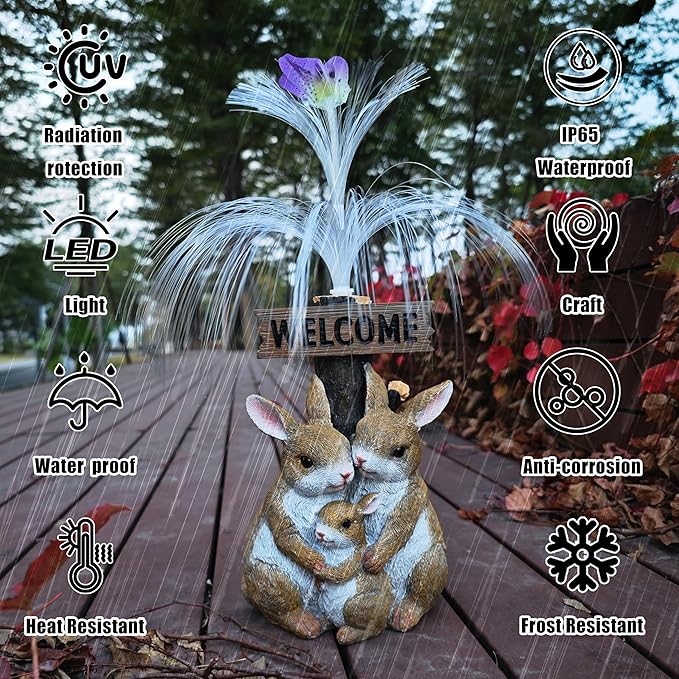Solar Rabbit Garden Statues,Resin Rabbit Family Figurine with Welcome Card and 7-Color Changing Optical Fiber with Solar Lights, Lawn Decor Outdoor Statue for Patio,Balcony,Yard,Lawn-VerdiqueGarden