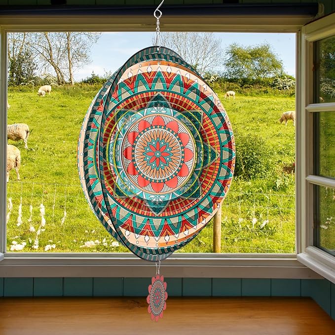 TUOKING Mandala Wind Spinners Outdoor Metal 3D Hanging Art Wind Spinner 12 Inch Stainless Steel for Yard and Garden Decoration Worth Gift for Women-VerdiqueGarden