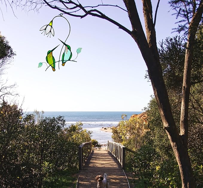 Hummingbird with Flower Stained Glass Suncatcher Bird Stained Glass Window Hangings Hummingbird Gift for Women Home Decor-VerdiqueGarden