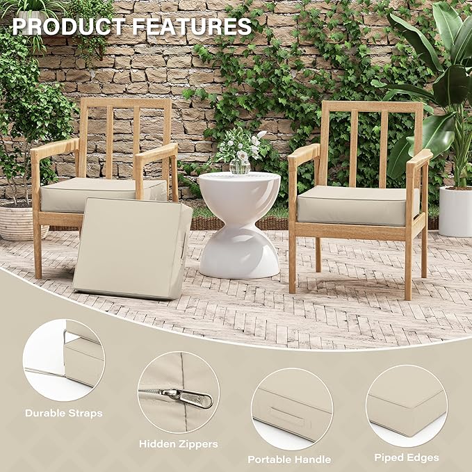 Patio Chair Cushions 18.5 X 16 X 4 Inch Waterproof Outdoor Seat Cushions for Patio Furniture, Outdoor Sofa Couch Pads with Ties & Handle, Set of 2, Cream-VerdiqueGarden