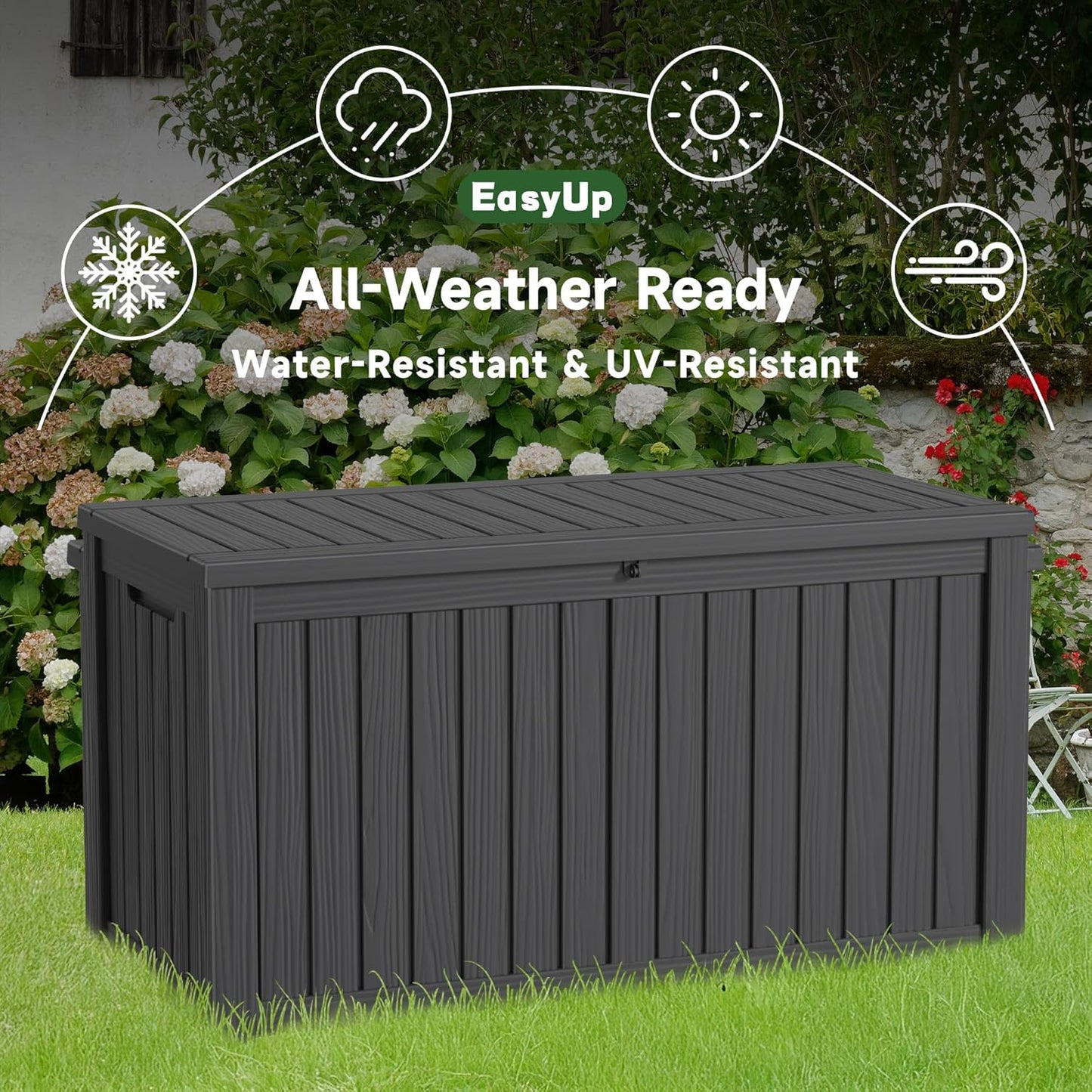 150 Gallon Outdoor Storage Box Waterproof, UV Resistant Resin Deck Box with Hydraulic Rod, Reinforced Stability for Patio, Garden, and Pool, Striped Black-VerdiqueGarden