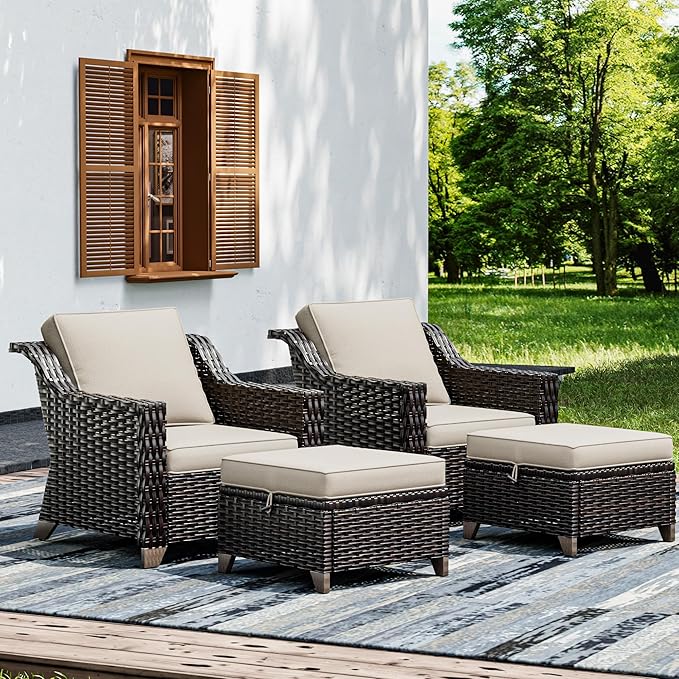 Joyside Wicker Patio Furniture Sets, 4 Pieces Upgraded Large Size Outdoor Furniture with Patio Dining Chairs and Outdoor Ottoman, Thick Cushions, Wide Armrest-VerdiqueGarden