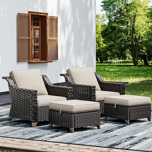 Joyside Wicker Patio Furniture Sets, 4 Pieces Upgraded Large Size Outdoor Furniture with Patio Dining Chairs and Outdoor Ottoman, Thick Cushions, Wide Armrest-VerdiqueGarden