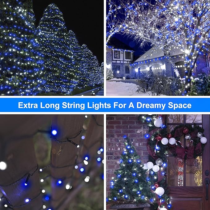 164ft 500 LED Blue White Christmas Lights Outdoor,8 Modes String Light Indoor Bedroom,Clear Wire Twinkle Lights Plug in for Christmas Outside Tree Yard Wedding Decorations(164FT,Blue&White)-VerdiqueGarden