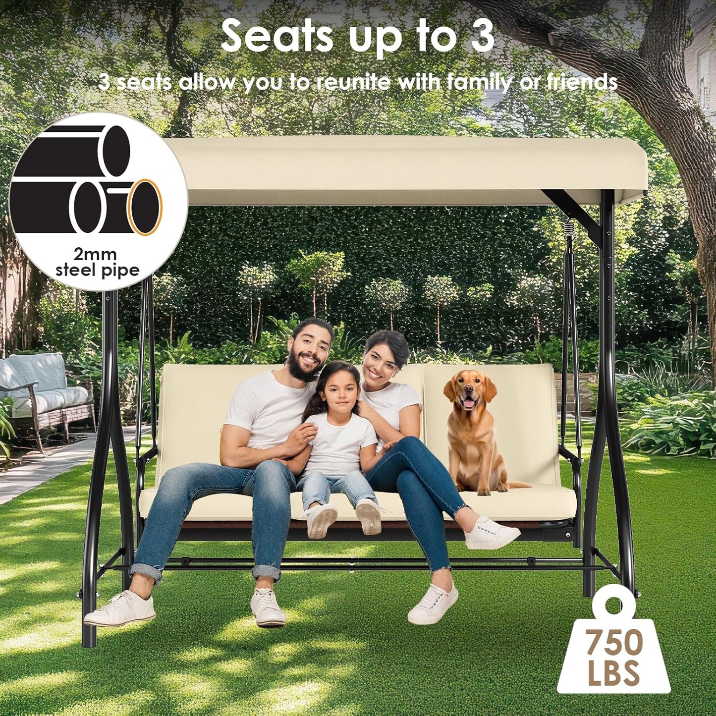 TLSUNNY 3-Seat Outdoor Patio Porch Swing with Adjustable Canopy & Backrest, Convertible Glider Bed with Stand, Removable Seat Cushion, 45° Tilt Adjustment for Backyard, Poolside, Balcony - 750LBS-VerdiqueGarden