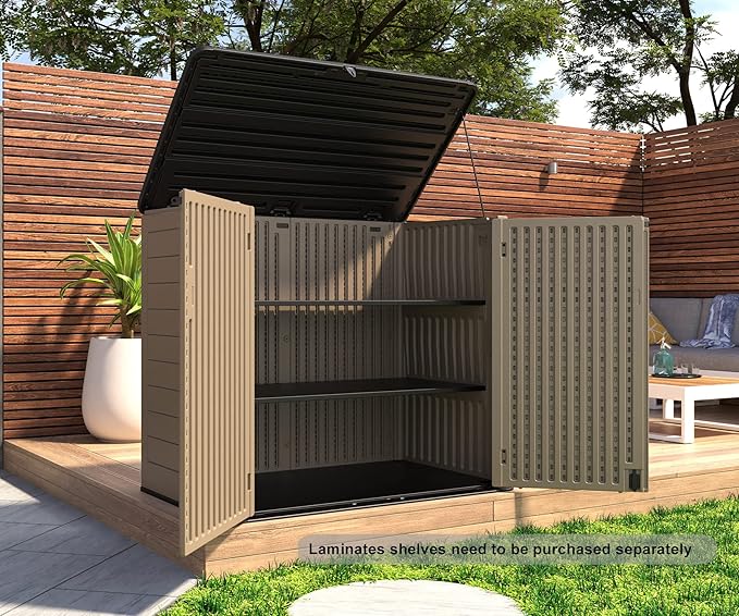 HOMSPARK Storage Shed Weather Resistance, Multi-Purpose Outdoor Storage Cabinet for Backyards and Patios, Horizontal Storage Shed for Lawnmower, Patio Accessories (Coffee, X Large - 48 cu.ft)-VerdiqueGarden