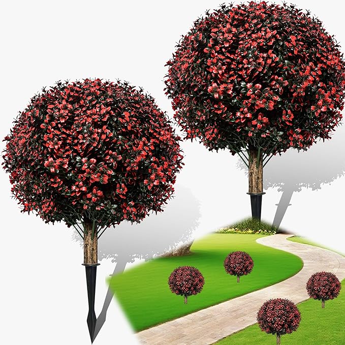 Fall Artificial Topiary Ball Boxwood Tree Outdoor with Spike,Set of 2 Large Faux Shrubs Bushes for Outdoor Planter,UV Resistant Autumn Fake Boxwood Plants for Potted Porch Indoor 24"-VerdiqueGarden